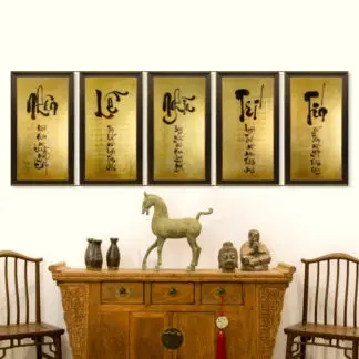 Nhân Lễ Nghĩa Trí Tín- Tranh sơn mài dát vàng phòng thờ