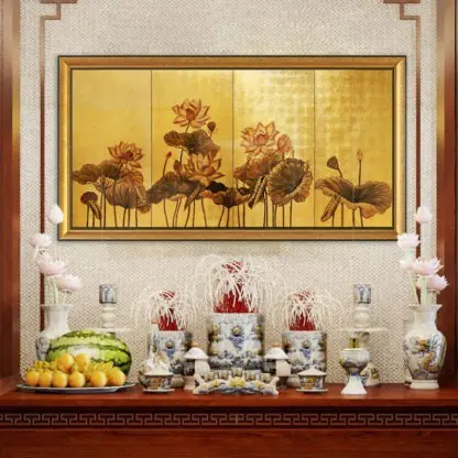 Sen Phú Quý - Tranh sơn mài dát vàng phòng thờ