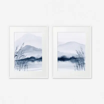 Bộ 2 tranh phong cảnh thuỷ mặc hiện đại khung gỗ trắng - Hình ảnh 2