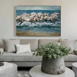 Tranh sơn dầu Đàn ngựa phi nước đại trên bờ biển 100x150