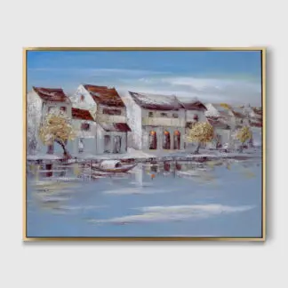 Phố Hội bên sông - Tranh sơn dầu sáng tác phong cảnh quê hương 80x100