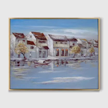 Phố Hội bên sông - Tranh sơn dầu sáng tác phong cảnh quê hương 80x100