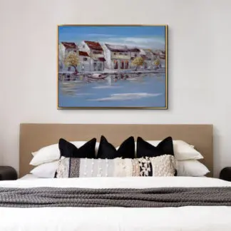 Phố Hội bên sông - Tranh sơn dầu sáng tác phong cảnh quê hương 80x100