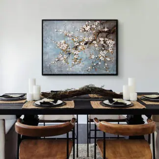Tiết thanh xuân - Tranh sơn dầu hoa đào trắng trên nền xanh 60x80