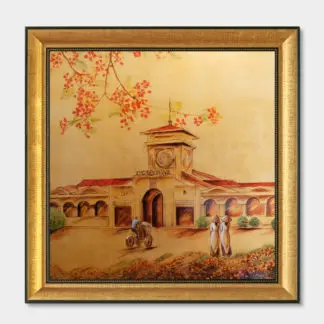 tranh vẽ chợ bến thành sơn mài dát vàng