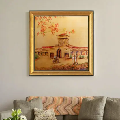 Tranh vẽ chợ bến thành sơn mài dát vàng