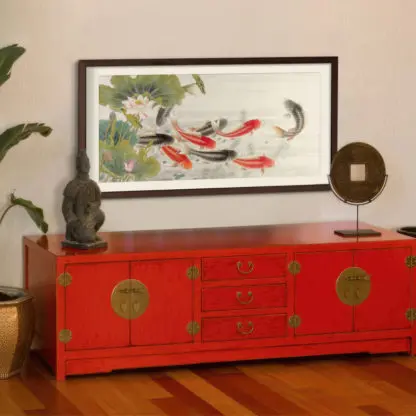 Tranh cá chép hoa sen khung kính giấy mỹ thuật gỗ sồi nâu 2