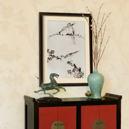 Three Birds Perched on Branches, One with Blossoms by Katsushika Hokusai, published between 1830 and 1850, an illustration of three birds perched on branches, one with blossoms 2
