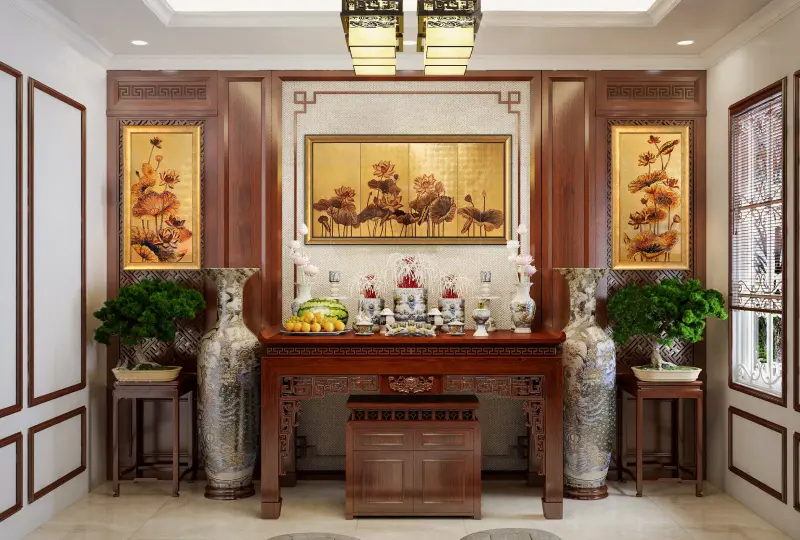 Bộ 3 tranh phòng thờ tả hữu liên hoa và sen phú quý