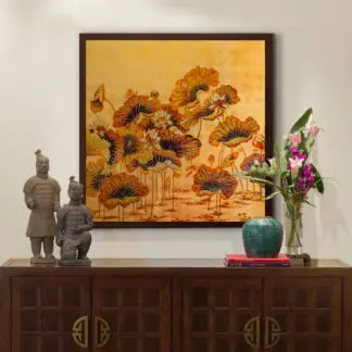 Sen Như Ý - Tranh sen sơn mài dát vàng trang trí phòng thờ cao cấp