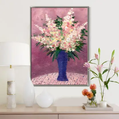 Lọ hoa xanh trên nền hồng - Tranh canvas hoa - Hình ảnh 3