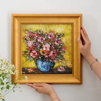 Bình Hoa Trúc Đào - Tranh hoa sơn dầu vẽ tay tặng mẹ, tri ân thầy cô