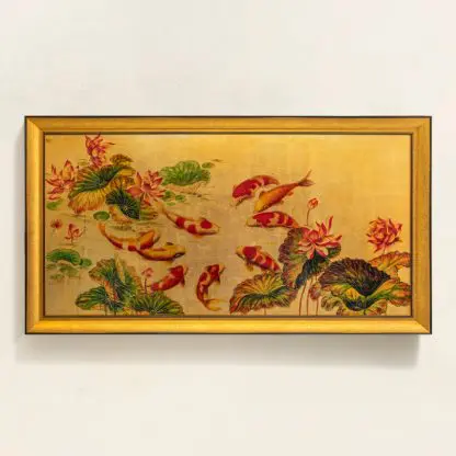 Cửu Ngư Quần Hội - Tranh sơn mài 9 con cá chép liền khối treo tường phòng khách