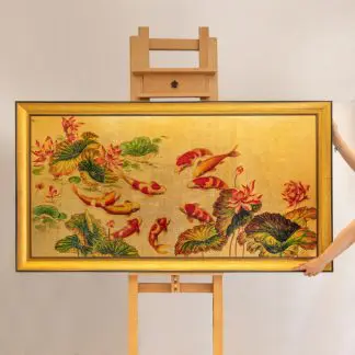 Cửu Ngư Quần Hội - Tranh sơn mài 9 con cá chép liền khối treo tường phòng khách