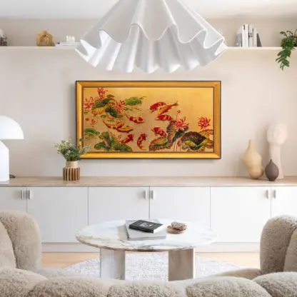Cửu Ngư Quần Hội - Tranh sơn mài 9 con cá chép liền khối treo tường phòng khách - Hình ảnh 9