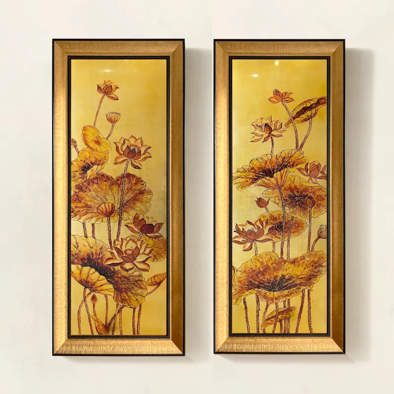 tả hữu liên hoa 45x120 bộ tranh hoa sen sơn mài 1