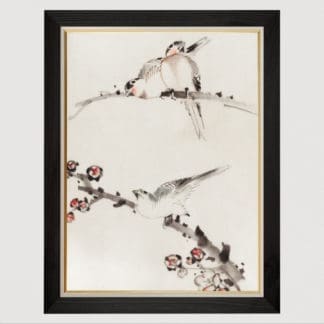 Three Birds Perched on Branches, One with Blossoms - Tranh in khung kính gỗ sồi Nhật cổ Danh họa Katsushika Hokusai 60×80cm