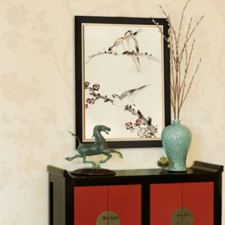 Three Birds Perched on Branches, One with Blossoms - Tranh in khung kính gỗ sồi Nhật cổ Danh họa Katsushika Hokusai 60×80cm