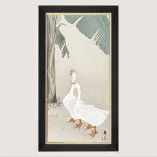 Two geese at banana tree (1900-1945) - Tranh in khung kính gỗ sồi Nhật cổ Danh họa Ohara Koson 50×100cm