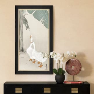 Two geese at banana tree (1900-1945) - Tranh in khung kính gỗ sồi Nhật cổ Danh họa Ohara Koson 50×100cm