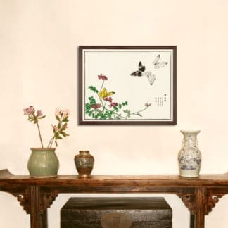 Butterflies and flower illustration from Churui Gafu (1910) - Tranh in khung kính gỗ sồi Nhật cổ Danh họa