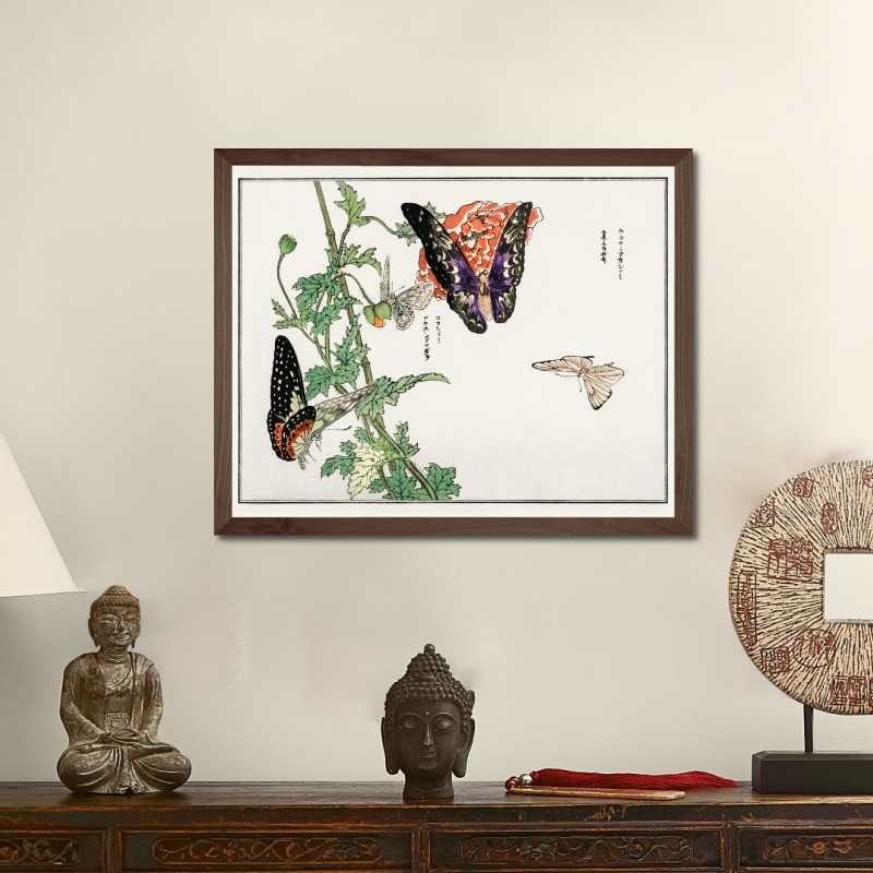 Butterflies and Plant (1910) - Tranh in khung kính gỗ sồi Nhật cổ Danh họa Mochizuki Gyokusen 56×45cm 
