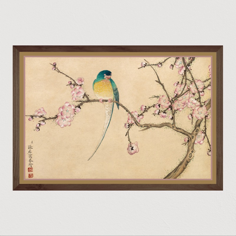 Tranh in khung kính gỗ sồi Trung cổ  Bird with Plum Blossoms (18th Century)