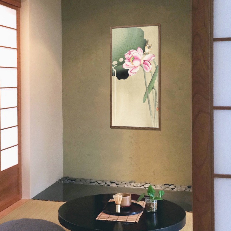 Songbird and lotus (1900-1936) - Tranh in khung kính gỗ sồi Nhật cổ Danh họa Ohara Koson 50×100cm