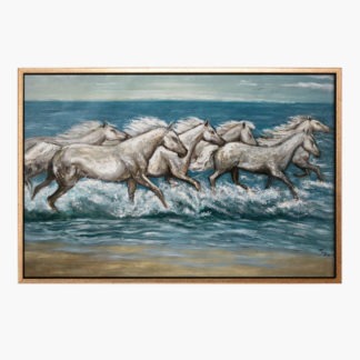 Tranh sơn dầu Đàn ngựa phi nước đại trên bờ biển 80x120cm - 29698