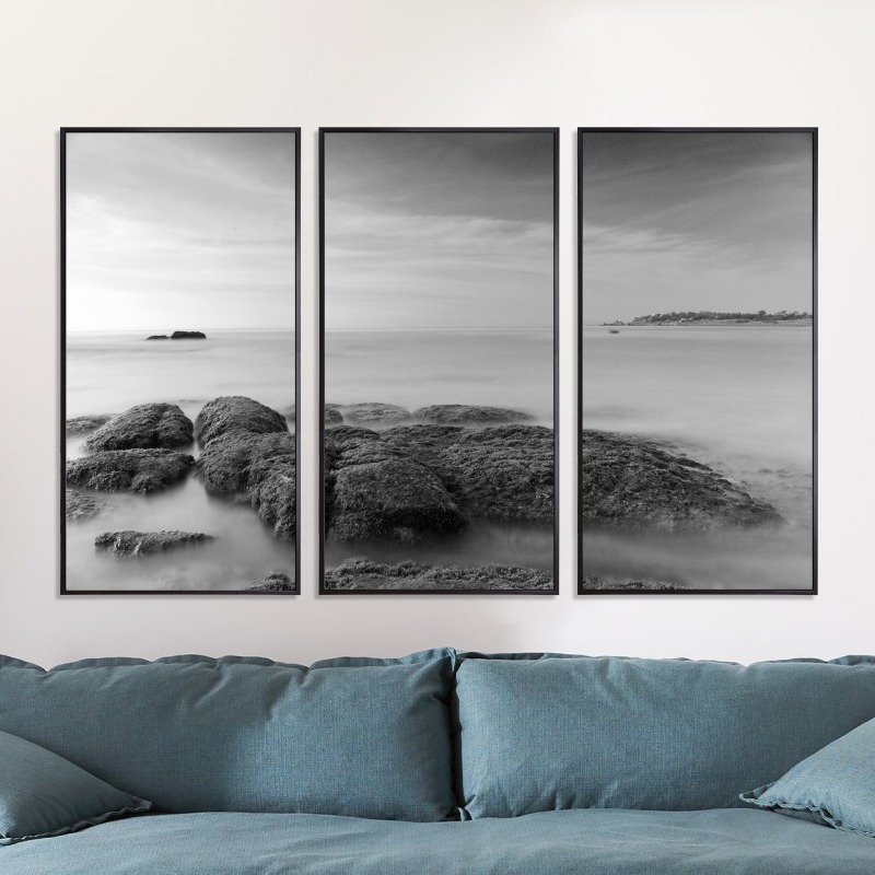 Bộ 3 tranh phong cảnh biển trắng đen canvas sang trọng