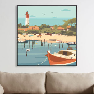 Tranh phong cảnh biển ngôi làng với ngọn hải đăng - Tranh canvas