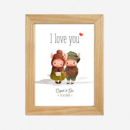 I Love You - Tranh couple cặp đôi quà tặng viết tên theo yêu cầu hình động vật
