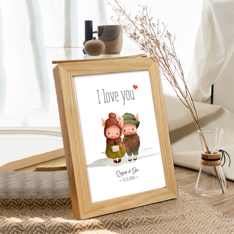 I Love You - Tranh couple cặp đôi quà tặng viết tên theo yêu cầu hình động vật