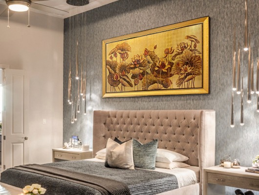 Tranh treo phòng ngủ Tranh hoa sen Kim Liên Vạn Phúc 74 x 174 cm