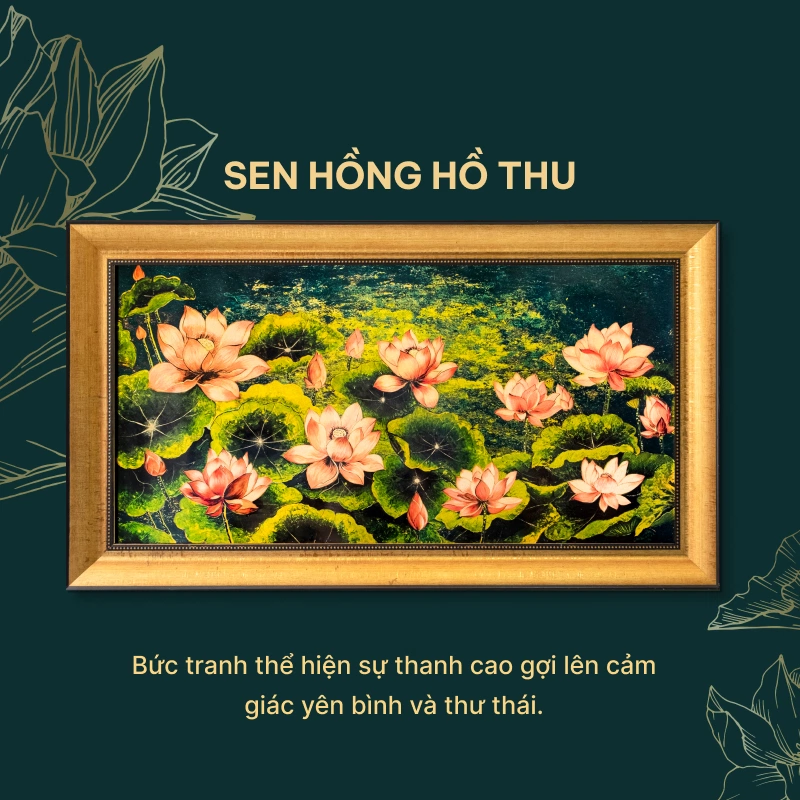 tranh hoa sen hồng hồ thu sơn mài dát vàng