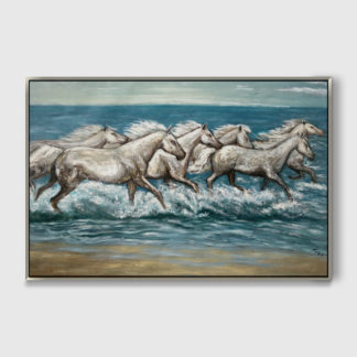 Tranh sơn dầu Đàn ngựa phi nước đại trên bờ biển 80X120cm - 29698