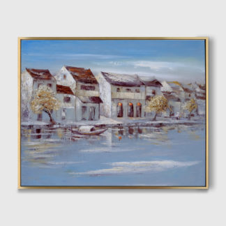 Phố Hội bên sông - Tranh sơn dầu sáng tác phong cảnh quê hương 80x100 cm - 5338
