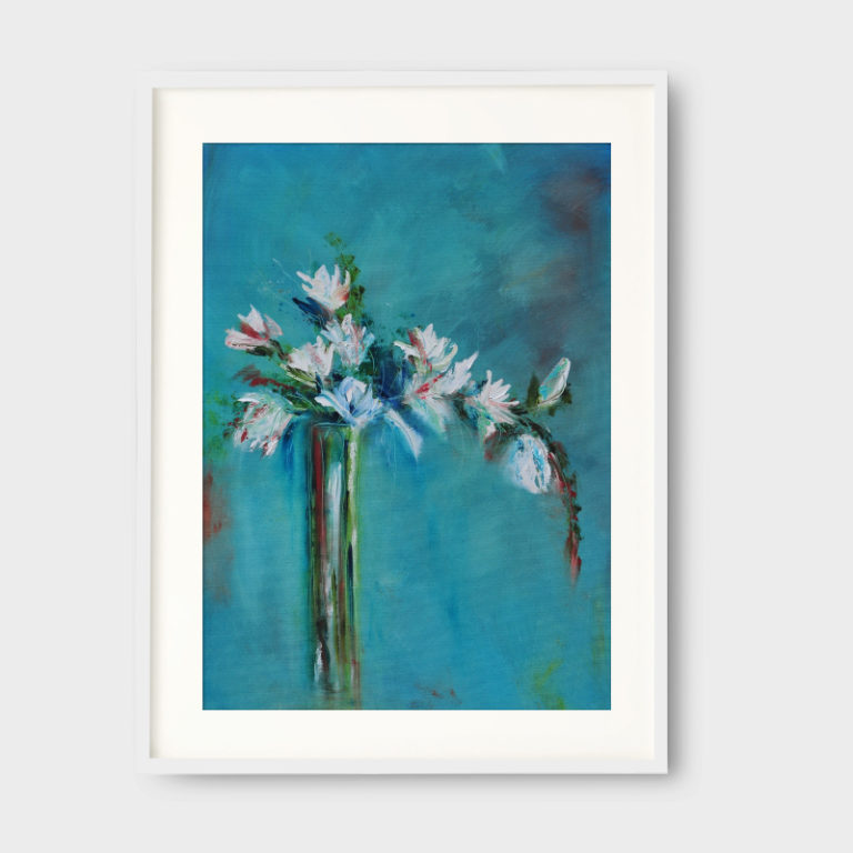 tranh khung kính gỗ sồi trắng hoa xanh 50x70 1