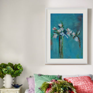 tranh khung kính gỗ sồi trắng hoa xanh 50x70 3