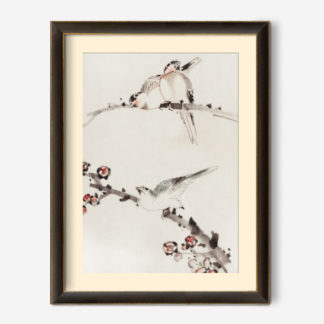 Three Birds Perched on Branches, One with Blossoms by Katsushika Hokusai, published between 1830 and 1850, an illustration of three birds perched on branches, one with blossoms 1