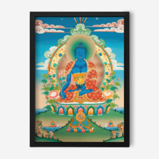 Tranh Phật nền xanh chất liệu tổng hợp khung kính gỗ sồi đen 13 50x70