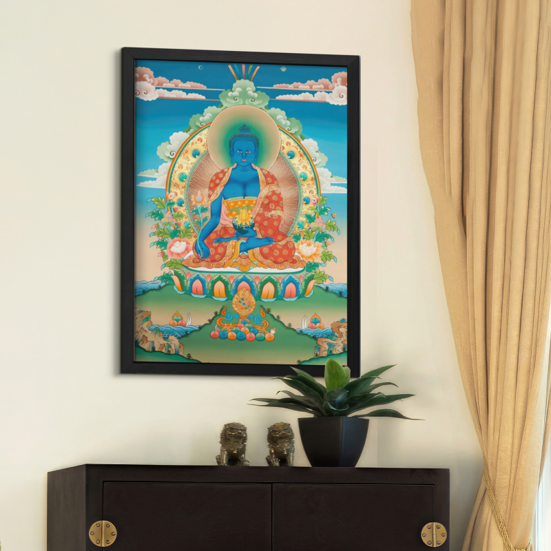 Tranh Phật nền xanh chất liệu tổng hợp khung kính gỗ sồi đen 13.1 50x70