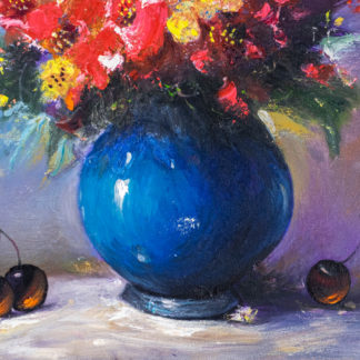 Hoa & Cherry - Tranh hoa tĩnh vật sơn dầu vẽ tay,