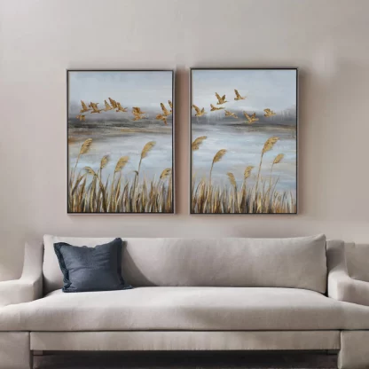 bộ 2 tranh phong cảnh dát vàng cánh đồng và chim én treo sofa