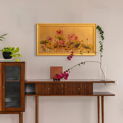 hồng liên phú quý tranh hoa sen sơn mài dát vàng 6