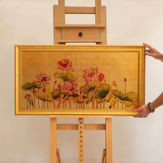 hồng liên phú quý tranh hoa sen sơn mài dát vàng 7