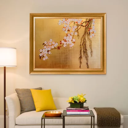 Tranh hoa đào bên cành liễu sơn mài dát vàng