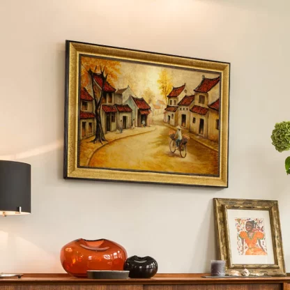 tranh sơn mài phố cổ hà nội nghiêng