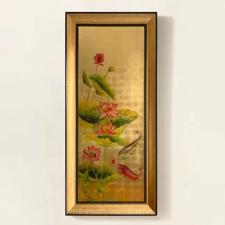 tranh tả liên ngư sơn mài hoa sen dọc 2