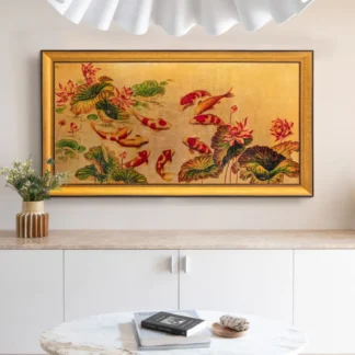 Cửu Ngư Quần Hội - Tranh sơn mài dát vàng liền khối